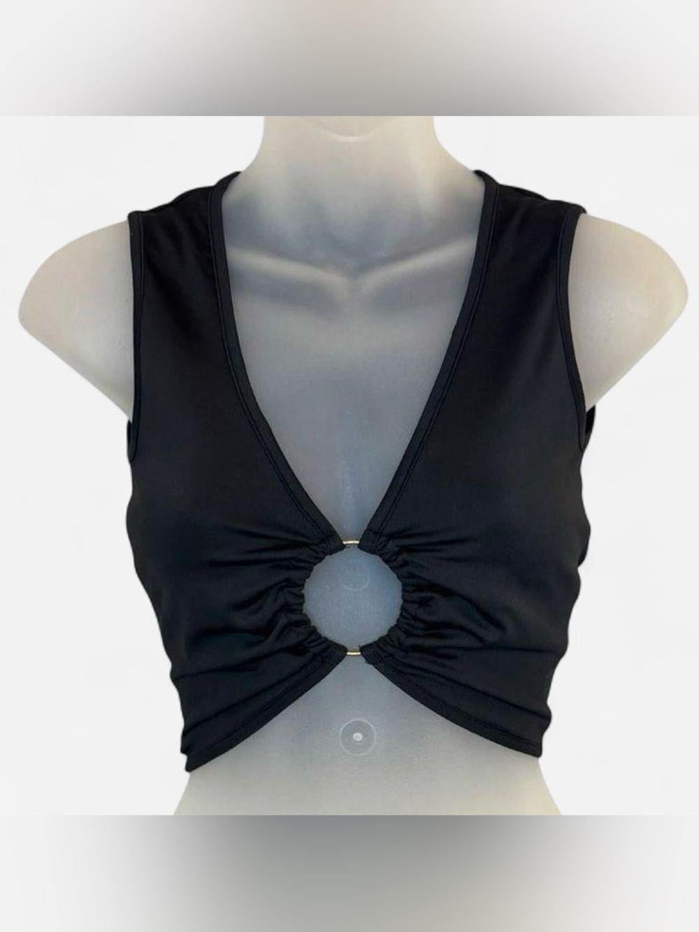 Black O-Ring Cutout Ruched Crop Top XS
